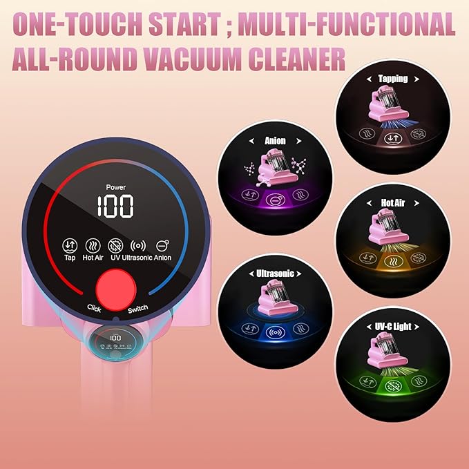 Mattress Vacuum Bed Vacuum Cleaner with 253.7nm UV-C Light, Hyper Helix Motor with 16kPa Strong Suction & 33000 RPM/Min Tapping, HEPA Filter, 149℉ Heat & Ultrasonic & Anion for Bed and Pet