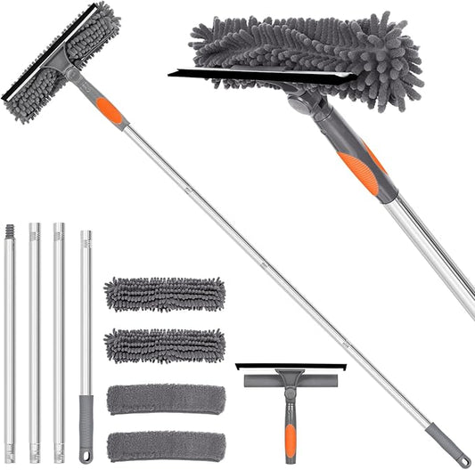Professional 72'' Window Squeegee Cleaning Washing Tool/Kit with Extension Pole, 3 in 1 Squeegee for Window Cleaning Kit for High Window with 1 Rotatable Head 4 Interchangeable Scrubber