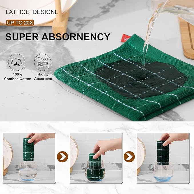 Mordimy 100% Cotton Terrycloth Kitchen Towels and Dishcloths Sets, Soft and Absorbent Checkered Dish Towels, Quick Drying Dish Rags for Washing Dishes, 4 Pack 16" x 26" & 4 Pack 12" x 12", Dark Green
