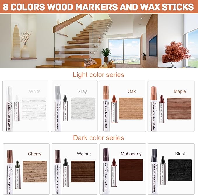 DEWEL Furniture Markers Touch Up, 17 Pcs Wood Scratch Repair Kit, Upgrade Wood Furniture Repair Markers and Wax Sticks for Stains, Scratches, Wood Floors, Tables, Bedposts