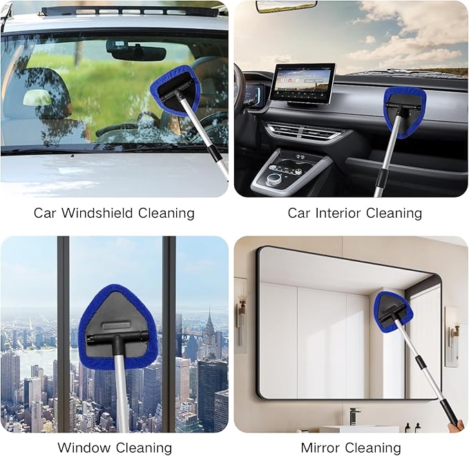 7pcs Windshield Cleaner Tool Car Window Cleaning Wash Kit with 4 Reusable Microfiber Pads 1 Spray Bottle and Extendable Handle Auto Glass Wiper Kit, Blue&Green