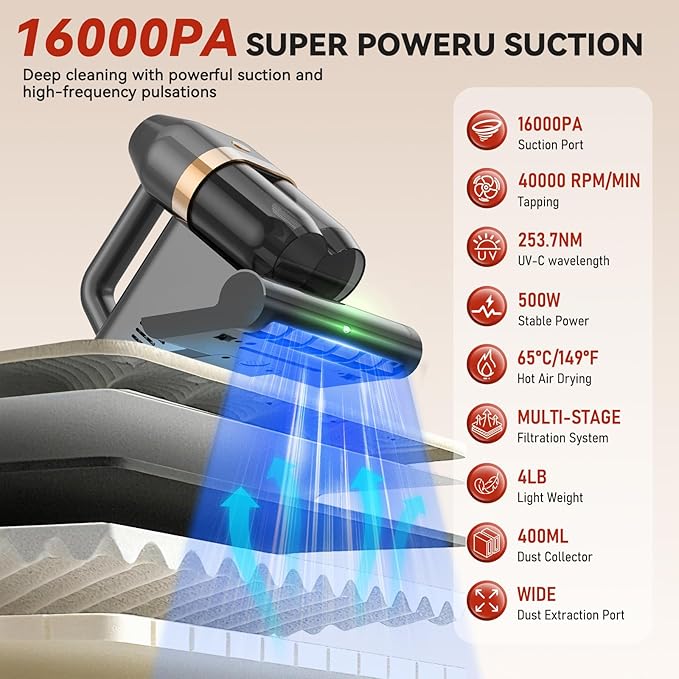 Mattress Vacuum Cleaner with 149°F Heat, 16KPa Powerful Suction, 253.7nm U V-C Light, 40,000 RPM Brushroll, HEPA Filter, Dual 400ml Dust Cups for Bed, Sofa, Pet Hair, Wired Corded Design