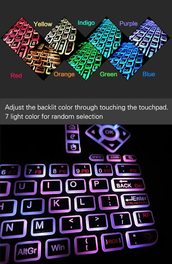 Q9 Mini Wireless Keyboard with Touchpad - Colorful Backlit Small Rechargeable Remote Keyboard for PC, Raspberry Pi 4, Android TV Box, KODI, Windows 7 8 10
