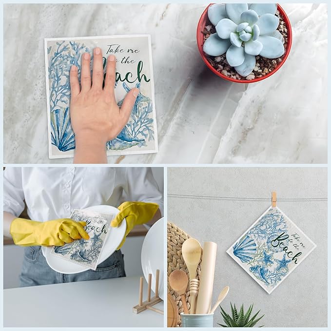 Swedish Dishcloths for Kitchen, Summer Coastal Starfish Beach Decor Kitchen Dish Towels for Washing Dishes, 4 Pack Reusable Paper Towels, Sponge Cloths for Home Cleaning Baking Cooking Decor