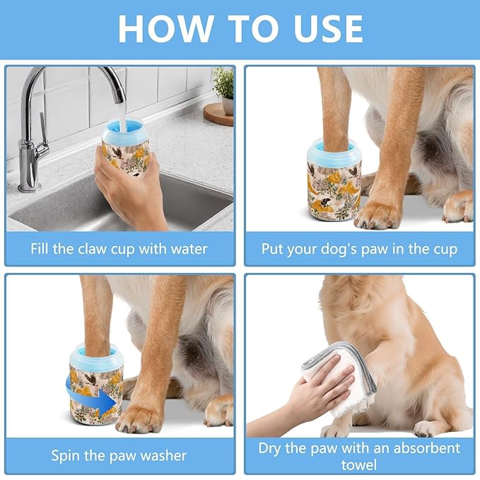 Dog Paw Cleaner Cups for Dogs Pets Foot Washer Paw Scrubber for Medium Small Cats Dogs Cute Cleaning Cup Beige Eagles Flowers Rocks Plants