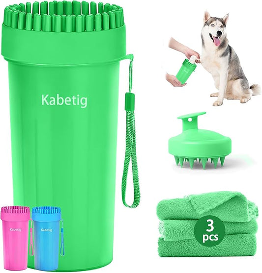 Dog Paw Cleaner Kit - Green, for L/XL Dogs, Quick Clean No Full Bath, 5-in-1 Bath Grooming Kit, Exclusive Cup-Mounted Brush Head, Grip Silicone Brush, 3 Absorbent Towels, Fits Lab