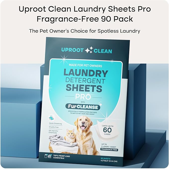 Uproot Clean Laundry Sheets Pro - 90 Pack - Fragrance-Free: Mineral-Powered Laundry Detergent Sheets Unscented - Eliminate Clinging Fur, Pet Odors, & Messy Residue - Up to 180 Loads