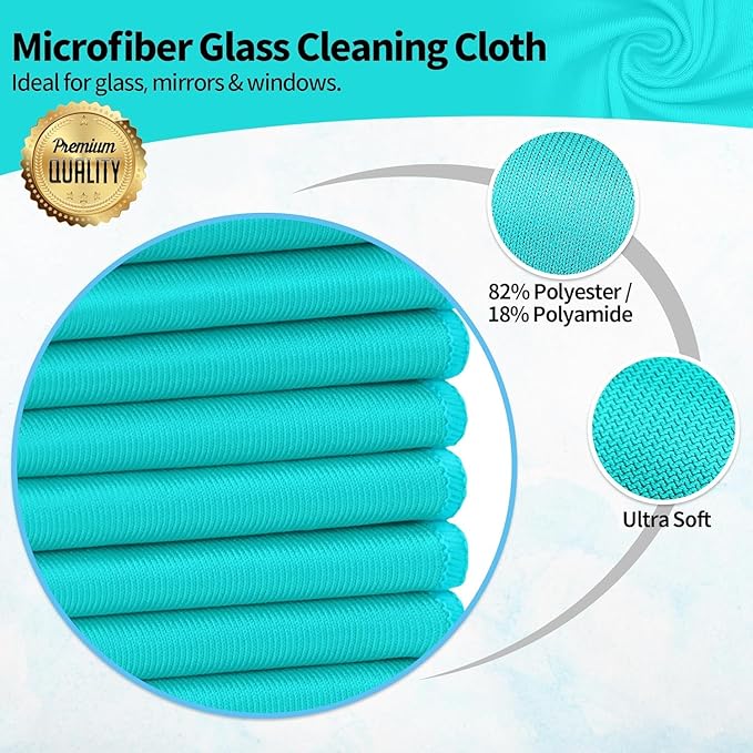 HOMERHYME Microfiber Cleaning Cloth - 6 Pack Glasses Cleaning Cloth, 16" x 14" Window Cleaning Rags, Streak Free Lint Free Polishing Cloths Wipes for Eye Glass, Stainless Steel, Windshield, Turquoise