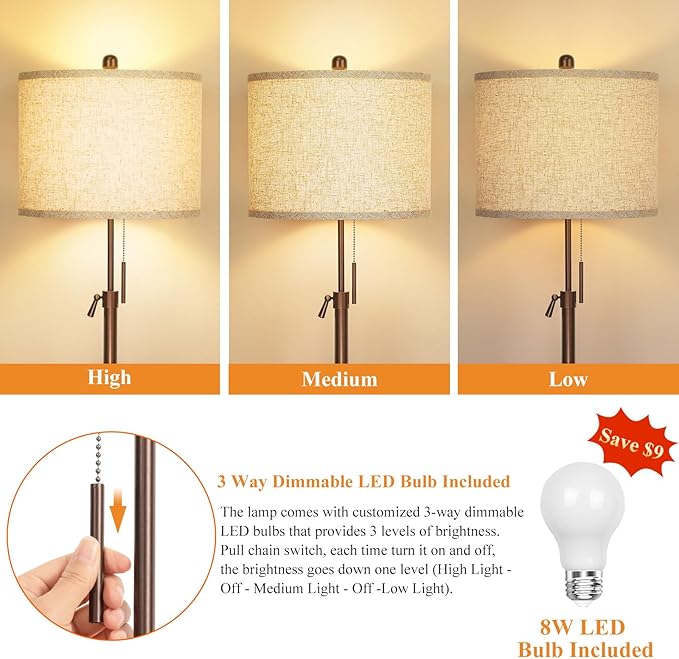 Metal Brown Floor Lamp for Living Room, Adjustable Height Standing Lamp, Pole Light for Bedroom, with Linen Shade and Metal Base, Pull Chain Switch, 3-Way 8W LED Bulb Included
