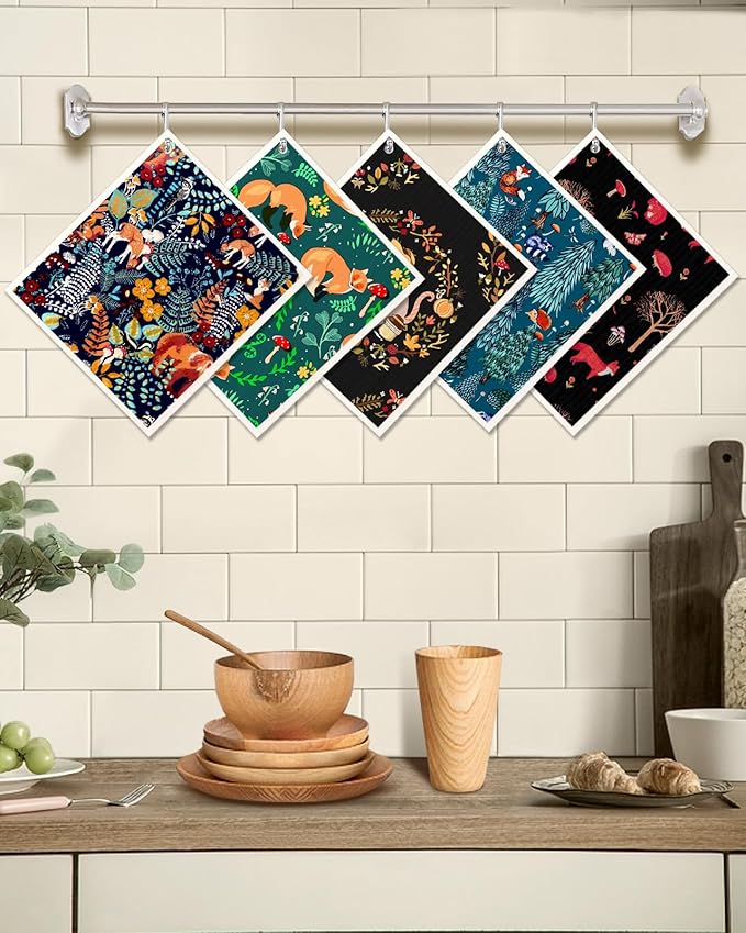 Swedish Dishcloths for Kitchen - 5 Pack Reusable Dish Cloths for Washing Dishes Absorbent Cute Funny Kitchen Towels Cleaning Sponge, Animal Forest