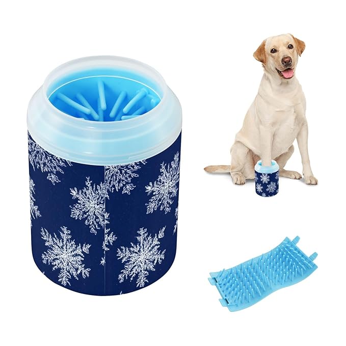 Dog Paw Cleaner Cups for Dogs Pet Foot Washer Paw Scrubber for Small Medium Large Dogs Cats Cleaning Cup Navy Blue Snowflakes