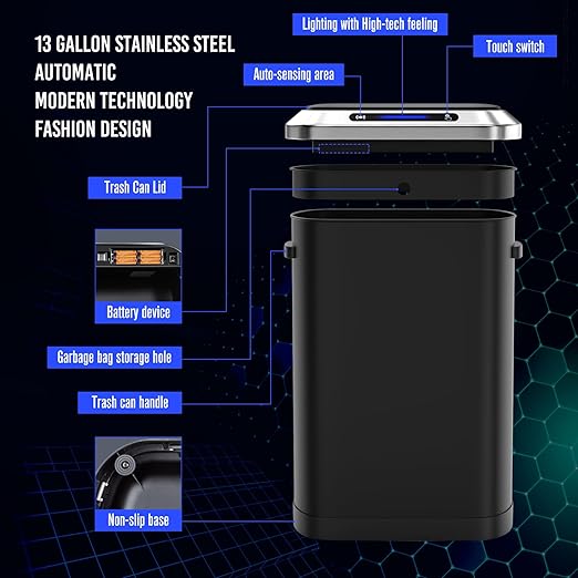 pouseayar Black 13 Gallon 50L Smart Automatic Trash Cans, Stainless-Steel Thickened Body with Super Mute Sensor Lid and 30 Count Garbage Bags for Kitchen Office Bedroom Waste Bin and More