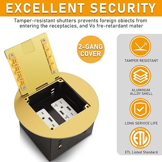 2 Pcs Recessed Floor Outlet 4. 72" x 4. 72" x 3. 94" 2-Gang with 4. 8a USB Chargers 20 Amp Floor Receptacles Round Hidden Outlet Kit Electrical Waterproof Box, Etl Listed (Gold)