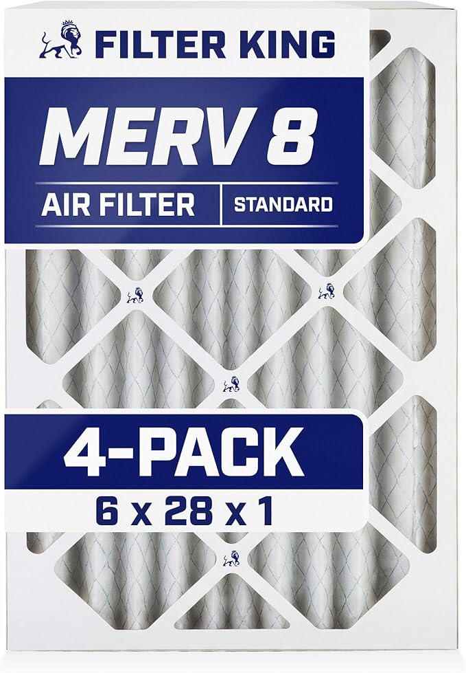 Filter King 6x28x1 Air Filter | 4-PACK | MERV 8 HVAC Pleated A/C Furnace Filters | MADE IN USA | Actual Size: 6 x 28 x .75"