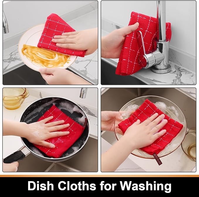 Mordimy 100% Cotton Terry Cloth Dish Cloths, Soft and Absorbent Checkered Dish Towels, Quick Drying Dish Rags for Washing Dishes, 8 Pack, 12 x 12 Inches, Red