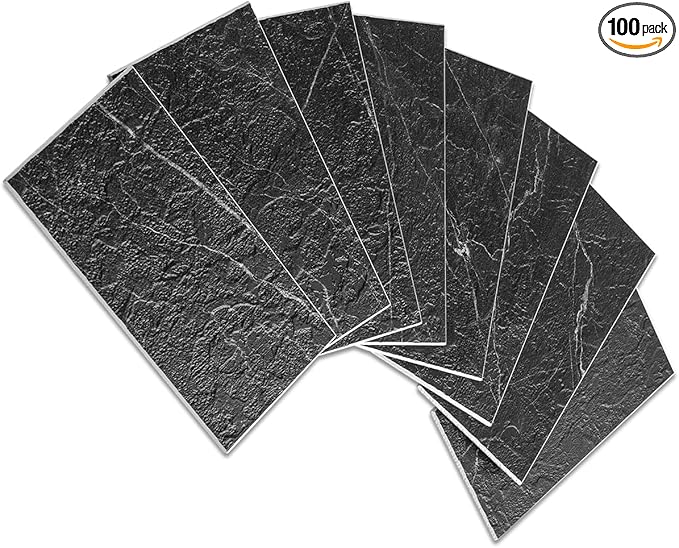 AULIGET 100 Piece Faux Stone Backsplash Peel and Stick PVC Tile, 3 Inch x 6 Inch Black Marble with White Grout Stick on Tiles for Backsplash Kitchen, Bathroom, Laundry Room, Camper, Fireplace