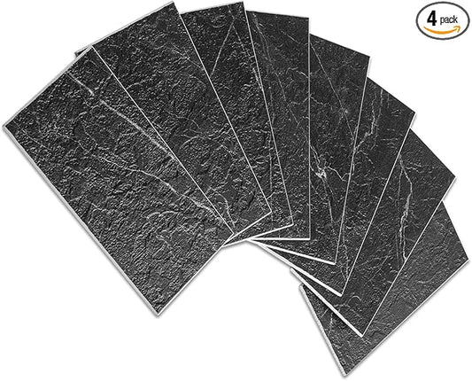 AULIGET Faux Stone Backsplash Peel and Stick PVC Tile, 3 Inch x 6 Inch Black Marble with White Grout Stick on Tiles for Backsplash, Pack of 4