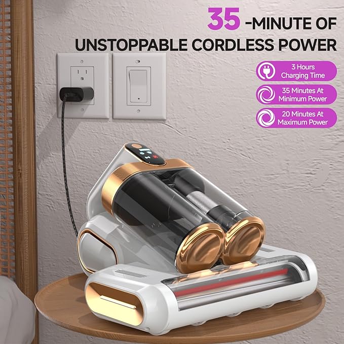 Mattress Vacuum Cleaner - 16Kpa Bed Vacuum with 253.7nm UV-C Light, 140°F Heat, Ultrasonic Tech & Hepa Filter, Portable Handheld Couch Cleaners for Pet Carpet Sofa Hair Home (White/G-Cordless)