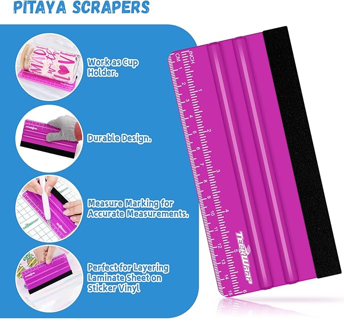 TECKWRAP Professional Squeegee for Vinyl, 20 PCS Plastic Felt Squeegee Tool Decals Inkjet Vinyl Sticker Paper, and Wallpaper Application Tools, 6 Inch Pitaya×10 & 4 Inch Blue×10