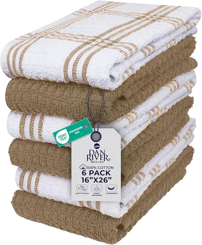 DAN RIVER Premium Kitchen Towels - [Pack of 6] 100% Cotton (16x 26 Inches) -Super Soft,Highly Absorbent, Quick Dry, Dish Towels for Kitchen Towels -Tan