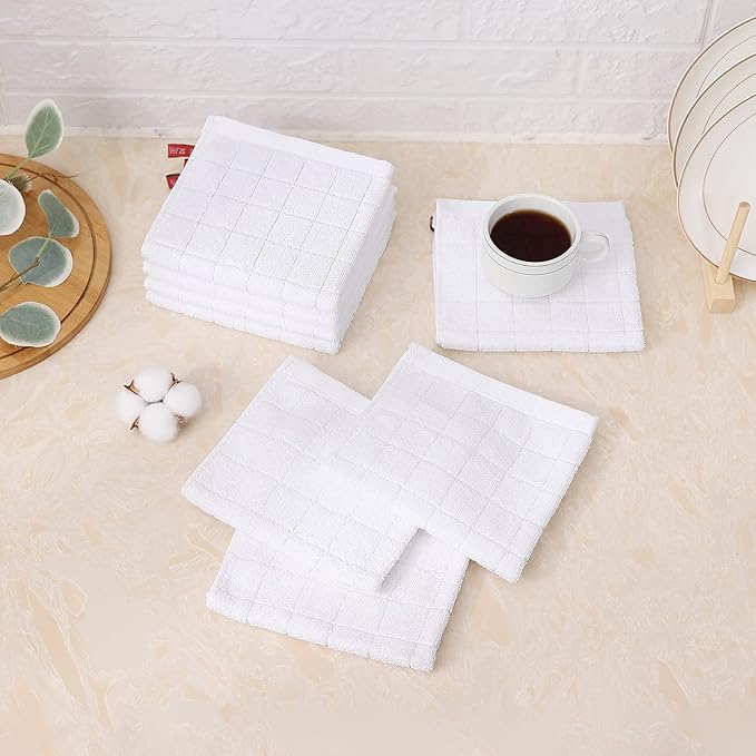 Mordimy 100% Cotton Terry Cloth Dish Cloths, Soft and Absorbent Checkered Dish Towels, Quick Drying Dish Rags for Washing Dishes, 12 Pack, 12 x 12 Inches, White