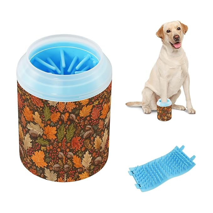 Dog Paw Cleaner Cups for Dogs Pets Foot Washer Paw Scrubber for Medium Small Cats Dogs Cute Cleaning Cup Brown Maple Leaves Acorns Berries Branches