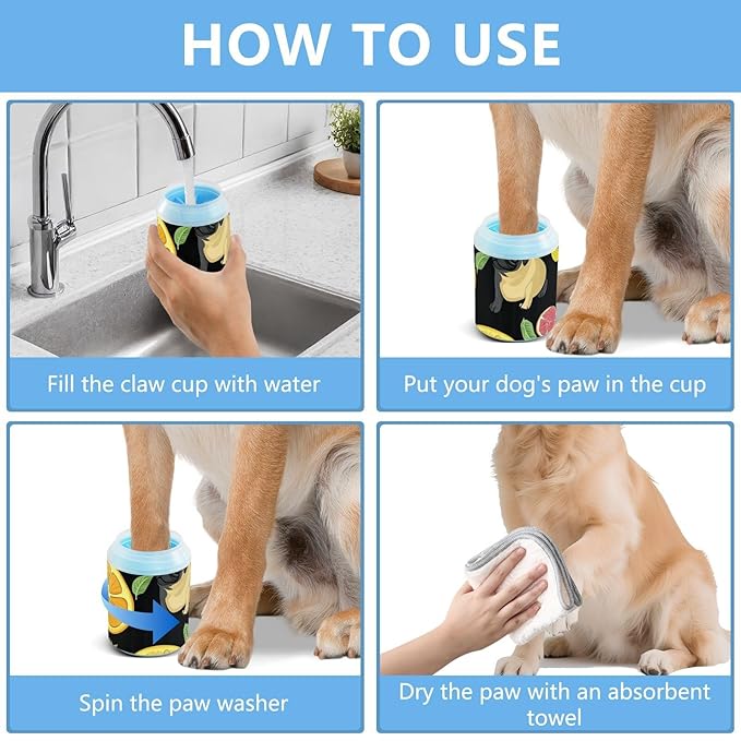 Dog Paw Cleaner Cups for Dogs Pet Foot Washer Paw Scrubber for Medium Small Dogs Cats Cleaning Cup French Bulldog and Fruits Black