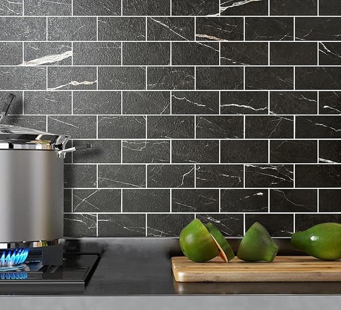 AULIGET 100 Piece Faux Stone Backsplash Peel and Stick PVC Tile, 3 Inch x 6 Inch Black Marble with White Grout Stick on Tiles for Backsplash Kitchen, Bathroom, Laundry Room, Camper, Fireplace