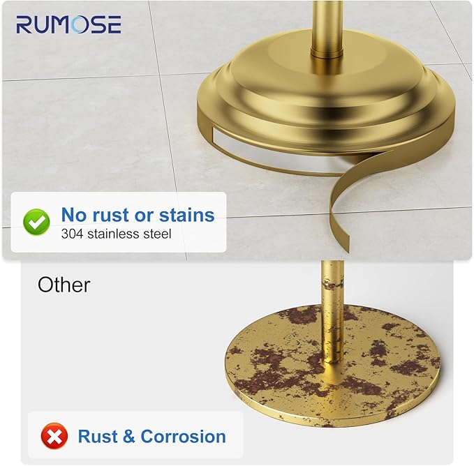 RUMOSE Toilet Paper Holder Stand for Floor, Brushed Gold Bathroom Free Standing Toilet Tissue Roll Holder with Storage, Adjustable 17-25 Inch, SUS304 Stainless Steel