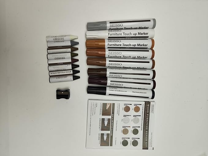 SEISSO Furniture Markers Touch Up - 17PCS Furniture Repair Kit, 8 Colors Wood Markers and Wax Sticks with Sharpener Kit Used for Stains, Scratch, Wood Floors, Stains, Tables, Desks, and Cover Ups