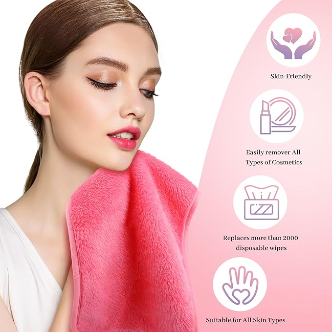 Reusable Makeup Remover Cloths 8 Pack, Ultra Soft Microfiber Facial Cleansing Cloths, Washable Makeup Remover Towels for All Skin Types,13x7 inch,Pink