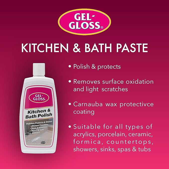 Gel-Gloss Home Kitchen & Bath Polish | Carnauba Cleaner Wax Formulation | Removes Water Spots, Light Scratches & Stains | Restores Color & Shine | Carnauba Wax Protective Coating, 16 oz.
