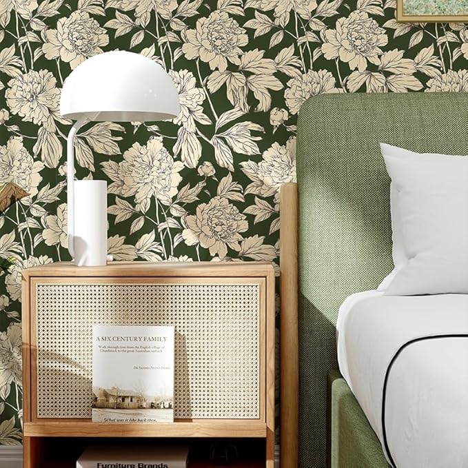 Peel and Stick Wallpaper Contact Paper for Cabinets Drawers Green Beige Floral Flower Vintage Design 17.5x500in Self Adhesive Wall Removable Desk Bedroom Moody Renter Friendly Modern