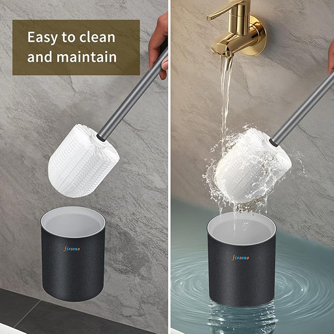 Toilet Brush and Holder Set, Toilet Bowl Brush with Stainless Steel Light Brush Handle, Soft Bristle, Wall Mounted/Floor Standing for Bathroom Space Saving