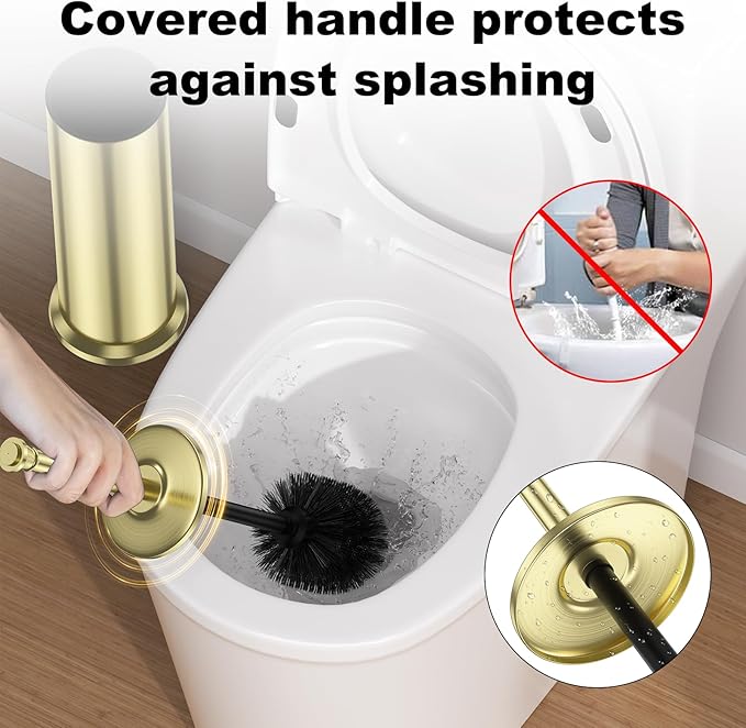 Gold Toilet Brush and Holder，Long Handled Gold Toilet Brush for Bathroom，Stainless Steel Heavy Duty Toilet Bowl Brush,Removable Inner Bowl,Deep Cleaning Dense Bristles Cleaner Brush -Space Saving