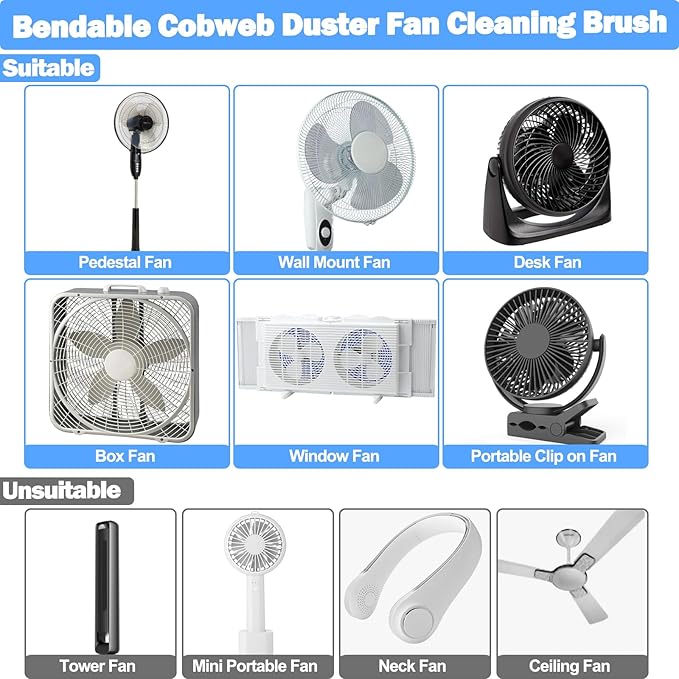 XANGNIER Fan Cleaning Brush Tools Set,6 Pcs Fan Cleaner for Stand up Fan/Desk/Window Exhaust/Box/Oscillating/Standing/Floor/Clip on/Wall/Table/Wall Mount/Pedesta Fan,Bendable Cobweb Duster Remover