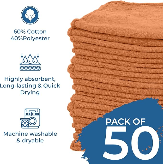 DAN RIVER Shop Towels, 50 Pack Commercial Use Orange Terry Cloth Rags for Cleaning Cars & Household Surfaces – Well Absorbent, Reusable Cleaning Rags & Wash Clothes – Washable Towels