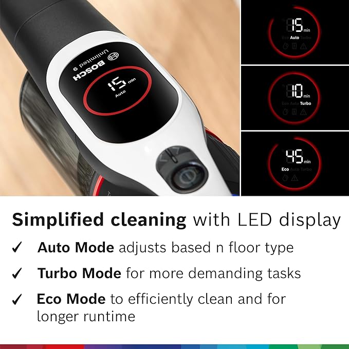 Bosch Unlimited 9 Cordless Stick Vacuum, Up to 60-min Runtime, MicroClean Technology, >99.9% Dust Pickup, Dust Compression, HEPA Filter, Pet Hair, Carpets & Hard Floors, 3 Accessories, White