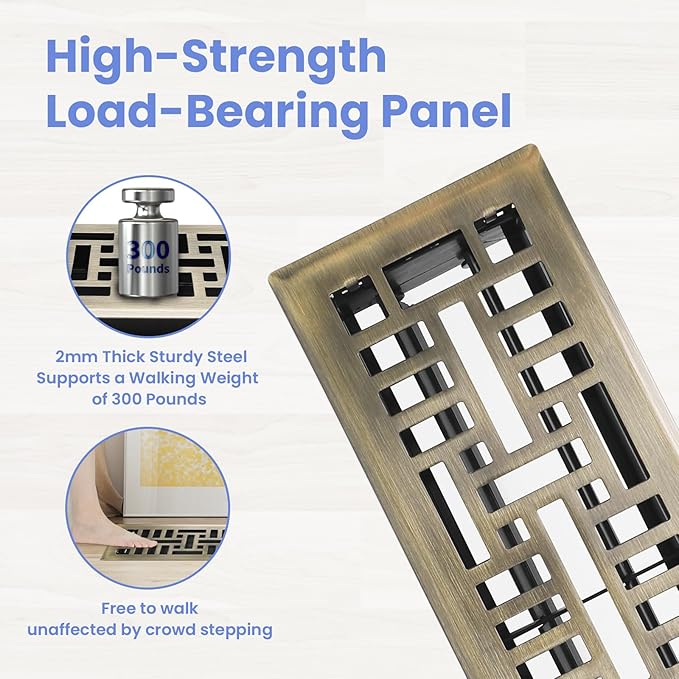 4x14 Inches Heavy Duty Walkable Floor Register Easy Adjust Air Supply Lever Floor Vents - Seattle Design - Vent Cover for Home Floor - Antique Brass