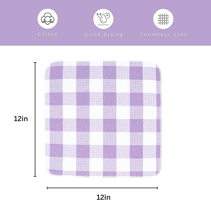 PurpleEssences Waffle Weave Plaid Dish Cloths, 100% Cotton - 12x12 Inches, Soft Absorbent Quick Drying Buffalo Check Dish Rags for Kitchen, 6 Pack - Christmas Holiday Winter - Lavender and White