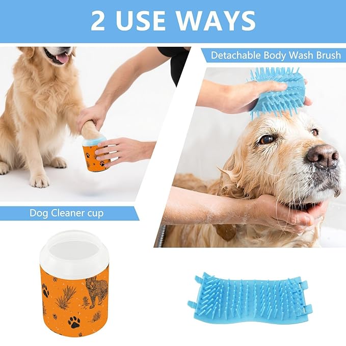 Dog Paw Cleaner Cups for Dogs Pet Foot Washer Paw Scrubber for Small Medium Large Dogs Cats Cleaning Cup Orange Leopards Paw Prints