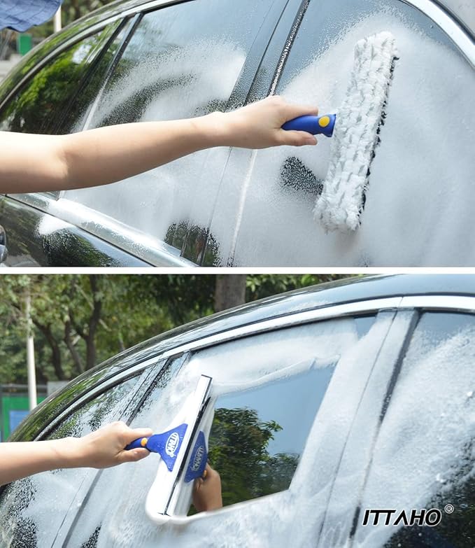 ITTAHO 81" Window Squeegee Cleaner, Window Cleaning Tool Kit,12" Squeegee and 11" Microfiber Scrubber Combi with Stainless Steel Pole for Car,Sliding Door,Shower Glass Door-Swivel Style-2 Pads