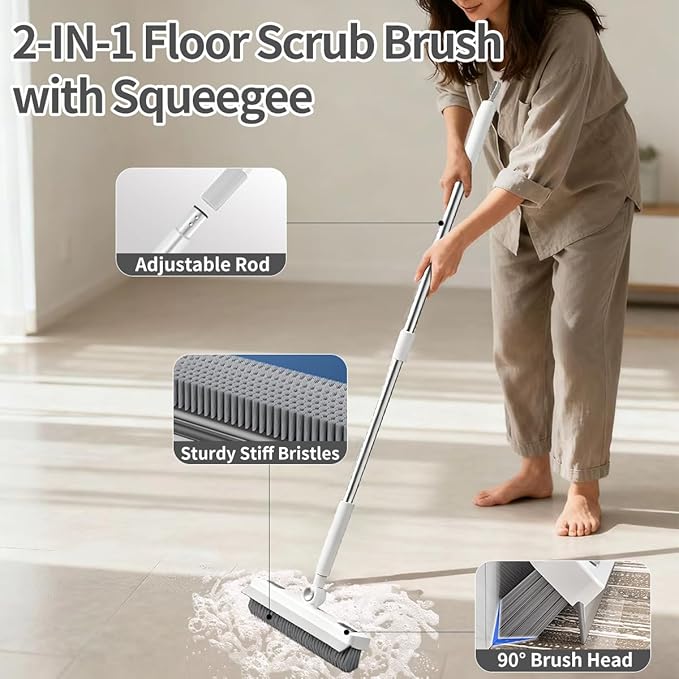 Floor Scrub Brush, 2 in 1 Cleaning Brush with Long Handle,Floor Scrubber Suit for Kitchen, Bedroom, Patio, Shower, Garage & Deck - Heavy Duty Tile, Concrete & Wood Surface Scrubber（White Grey）
