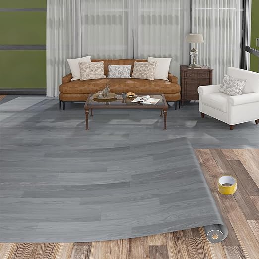 Freshtour Vinyl Flooring Roll, Versatile Removable PET Leather-Like Floor Covering, Waterproof & Durable, Easy Tape Installation, Cost-Effective for Any Room, Grey Oak/ 107.6 Sq.ft (39.3" x 393.7")