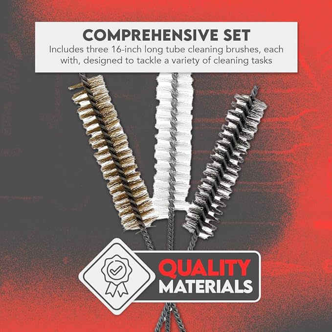 3 Piece Set of 16-Inch Tube Cleaning Brushes Copper, Stainless, Nylon for Various Surface Use (1.5-Inch Diameter)
