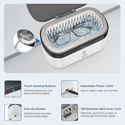 Life Basis Ultrasonic Jewelry Cleaner – Portable 500ML Sonic Cleaning Machine with 42kHz Deep Cleaning, 5 Timer Settings, Stainless Steel Tank, for Rings, Eyeglasses, Watch Straps, Coins, Dentures