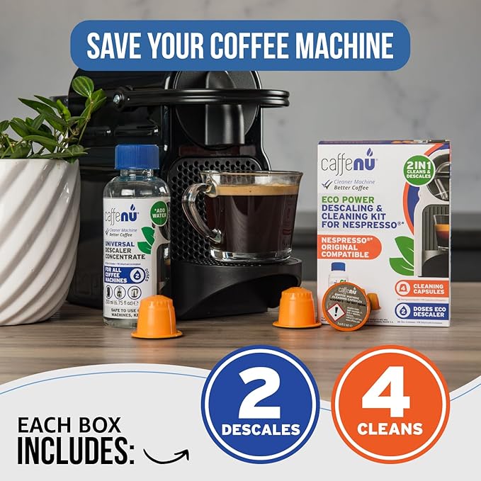 Nespresso Compatible Descaling Kit & Cleaning Pods. 2 Use Descaling Solution & 4 Cleaner Pods. Removes Limescale & Cleans Pod Area. Better Tasting, Hotter Coffee. Nespresso Originaline.