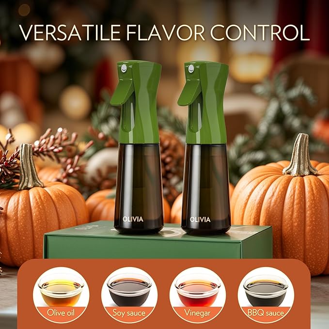 FLAIROSOL OLIVIA Oil Sprayer for Cooking, 2 Pack Green Glass Olive Oil Sprayer, 200ML Oil Dispenser for Kitchen, Continuous Oil Spray Bottle with Portion Control for Air Fryer, Salad, BBQ