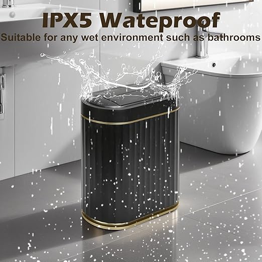 Bathroom Trash Can with Lid Butterfly 2 Gallon Sensor Trash can, IPX5 Waterproof Garbage Can, Automatic Slim Trash Bin, Under-Counter Wastebasket Bathroom Decor for Kitchen, Black Gold