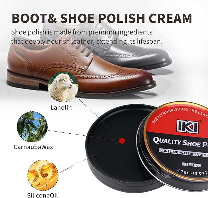 IKI Shoe Shine Polish Kit - 7PCS Leather Boot Care Kit with Black Shoe Polish Horsehair Brush Cloth Shoe Horn for Men